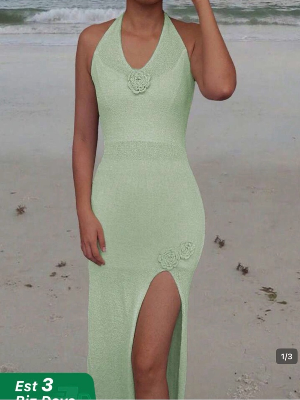Mint Halter Maxi Dress with Floral Appliqué and Side Slit